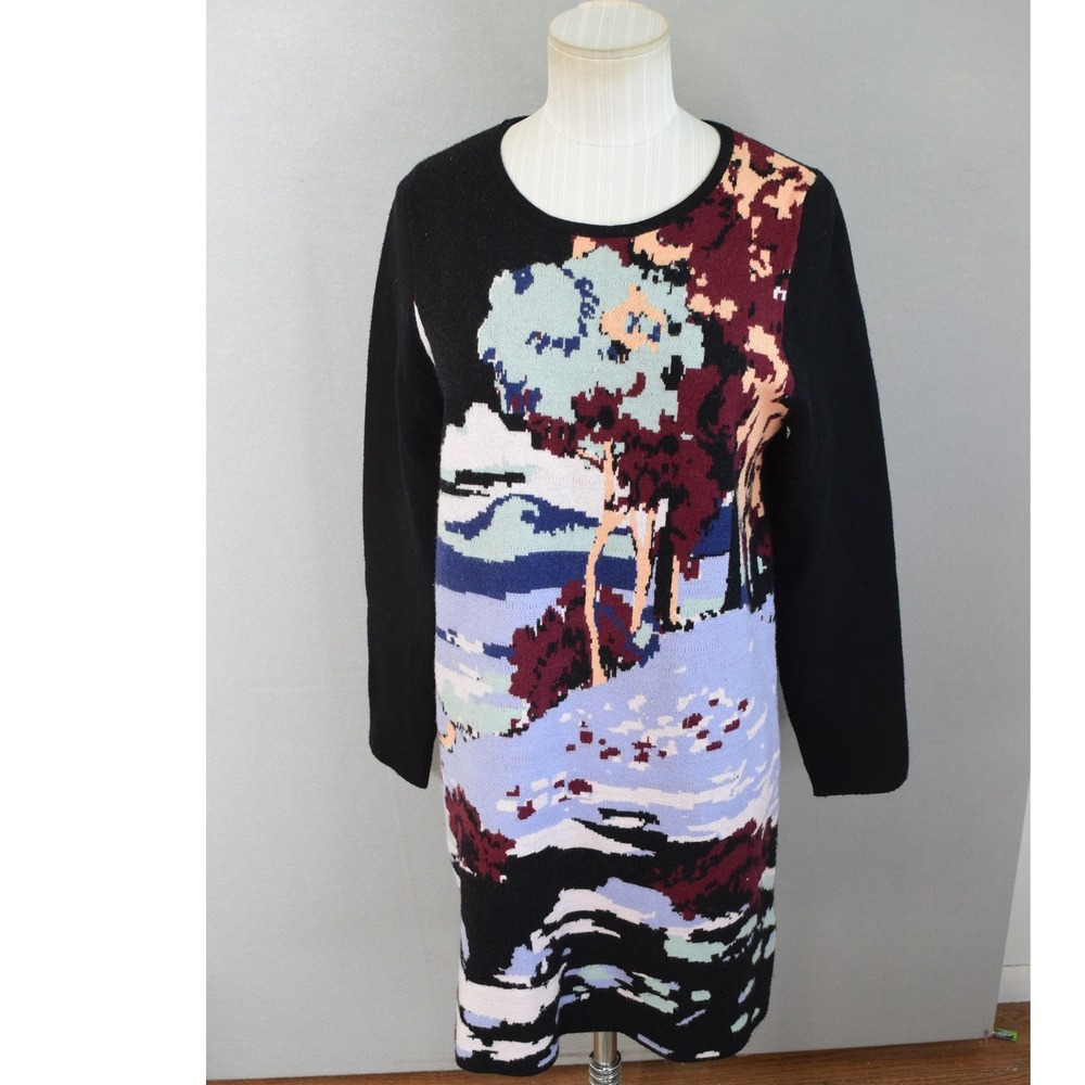Maeve Anthropologie Scenic Mini Sweater Dress Small Black Landscape Womens Knit